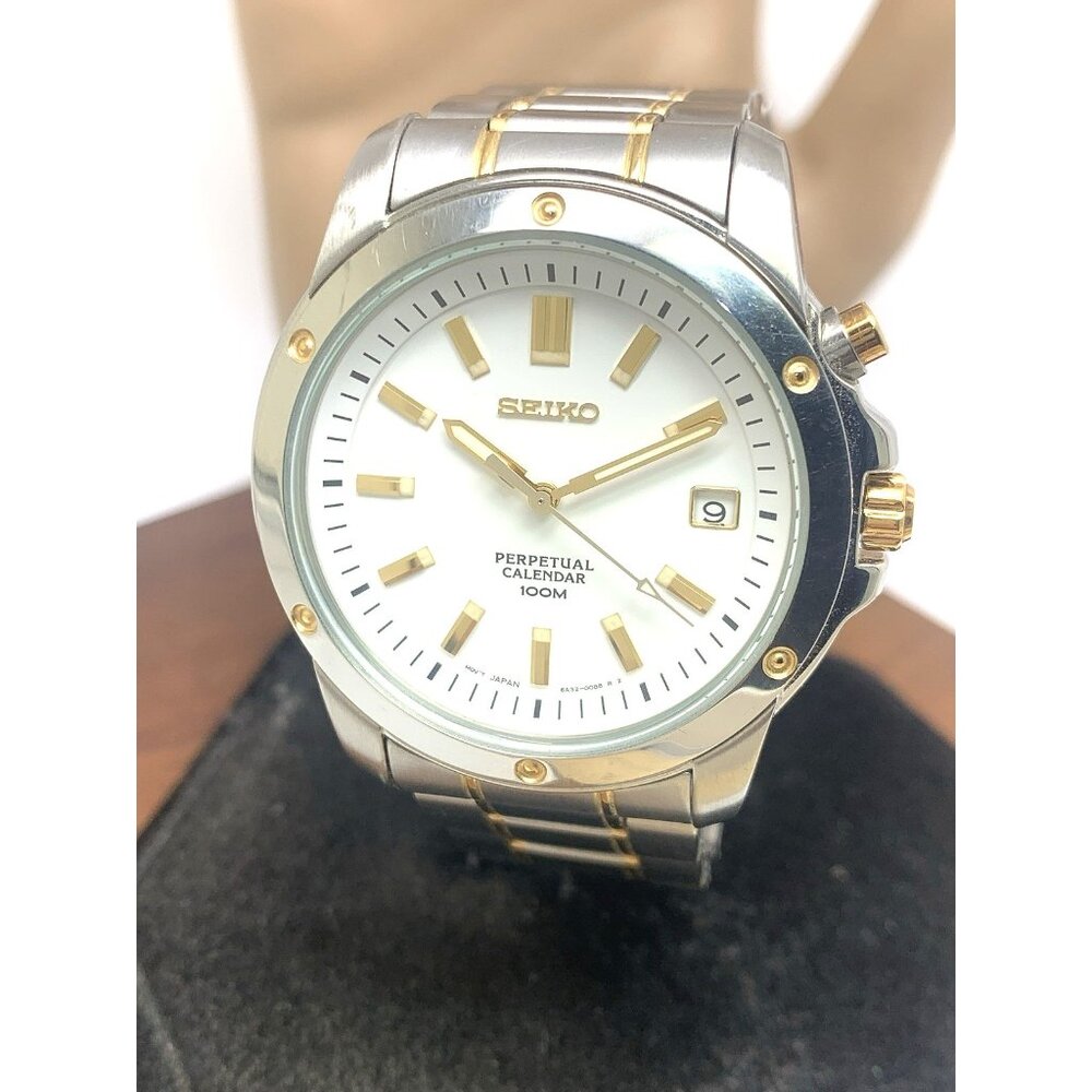 Seiko Men's Watch 6A32-00B0 Perpetual Calendar White Dial Two Tone Steel 38mm